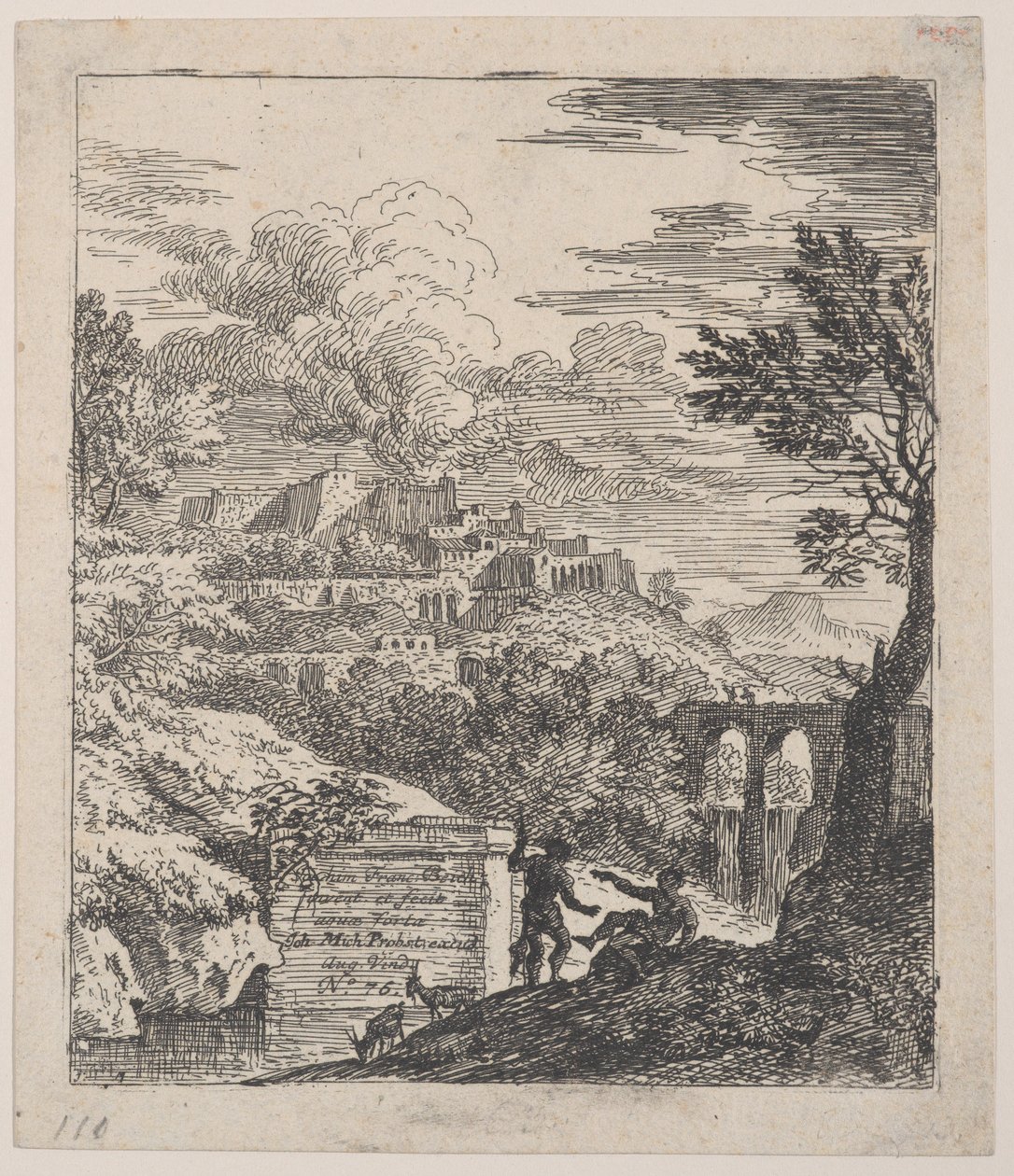 Dva pastýři odpočívající vedle podstavce, akvadukt vpravo v pozadí,..., ca. 1700-25. od Franz Joachim Beich