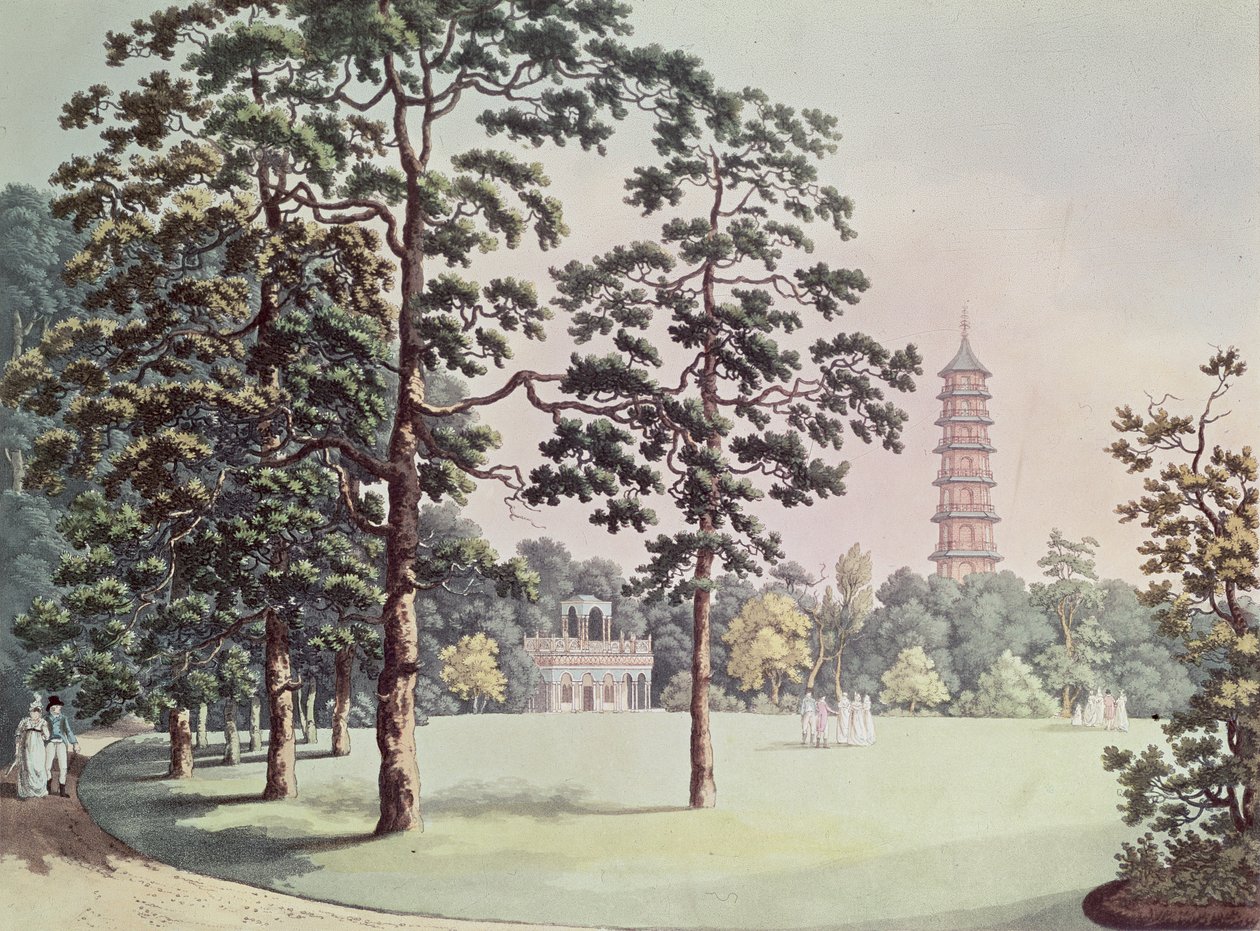 Pohled v Kew Gardens of Alhambra and Pagoda, vyrytý Heinrichem Josephem Schutzem (1760-1822), kolem roku 1798 (akvatinta) od Franz Joseph Manskirch