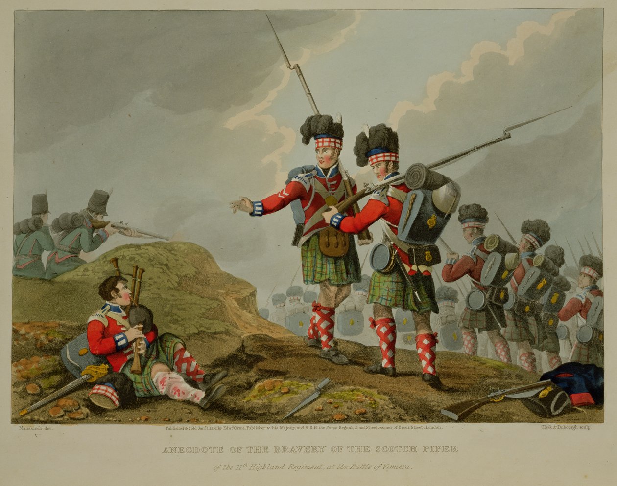 Anekdota o statečnosti Scotch Piper z 11. Highland Regiment v bitvě u Vimiera, vyrytá Johnem Heaviside Clarkem (asi 1771-1863) a Matthewem Dubourgem (fl. 1813-20) z 
