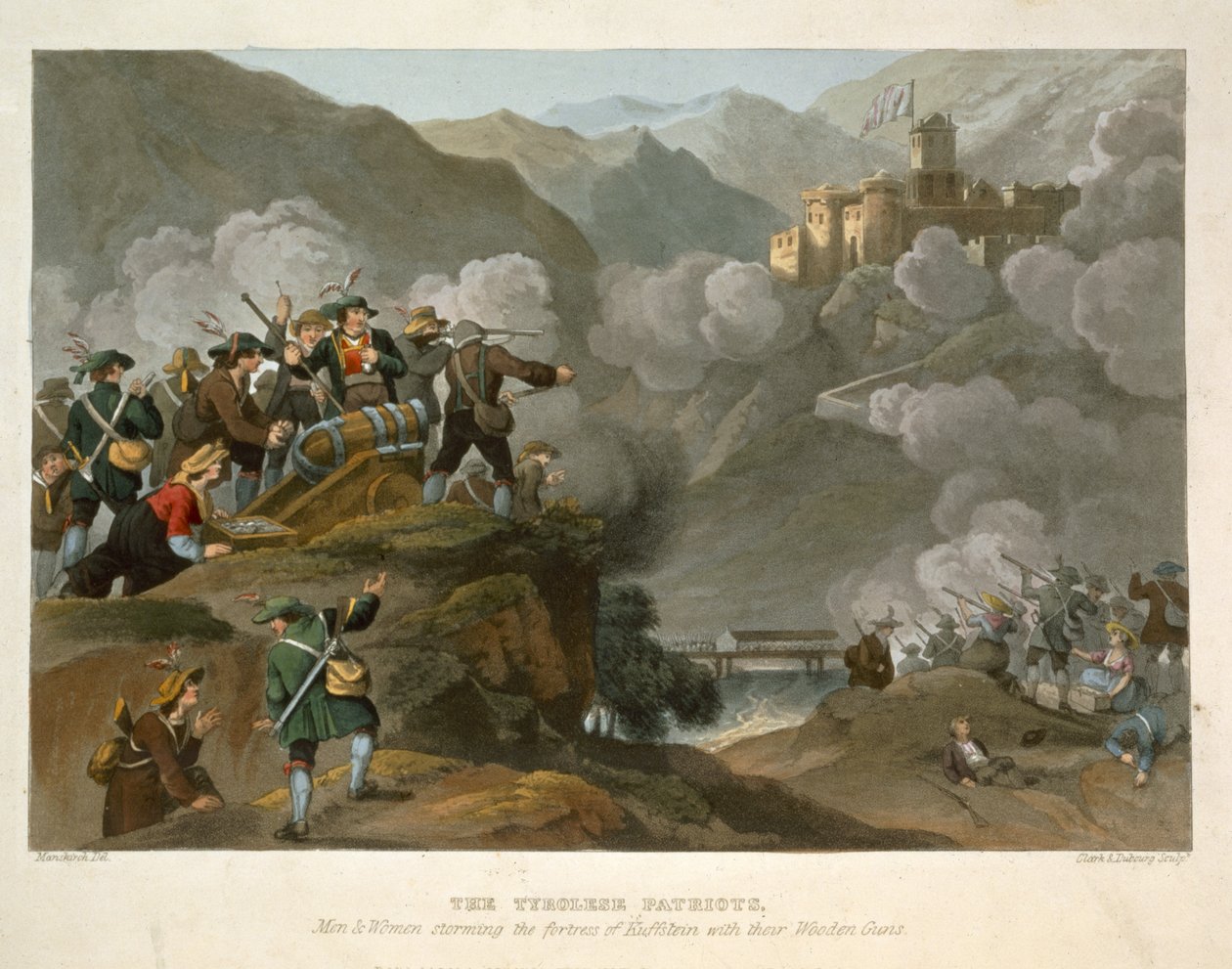 Tyrolští patrioti zaútočili na pevnost Kuffstein se svými dřevěnými zbraněmi, vyryli Johnem Heaviside Clarkem (asi 1771-1863) a Matthewem Dubourgem (fl. 1813-20) z Historic, Military a Naval Anecd od Franz Joseph Manskirch