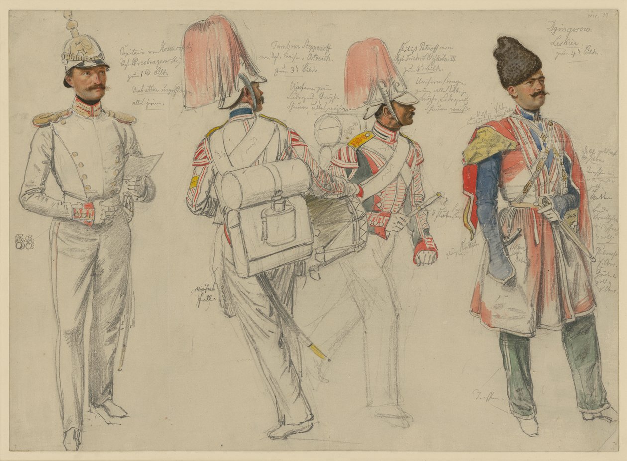 Kossacowski, kapitán z Preobraženského pluku; Steppanoff, bubeník z pluku císaře rakouského; Petroff, flétnista z pluku Fridricha Viléma III.; Dgingosow, Leskier od Franz Krüger