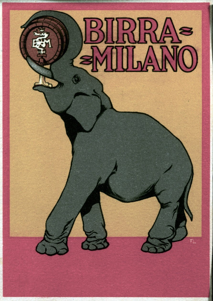 Reklamní plakát na pivo Milano ilustrovaný Franzem Laskoffem (1869-1921) představující slona pijícího chobotem přímo ze sudu. 20. století od Franz Laskoff