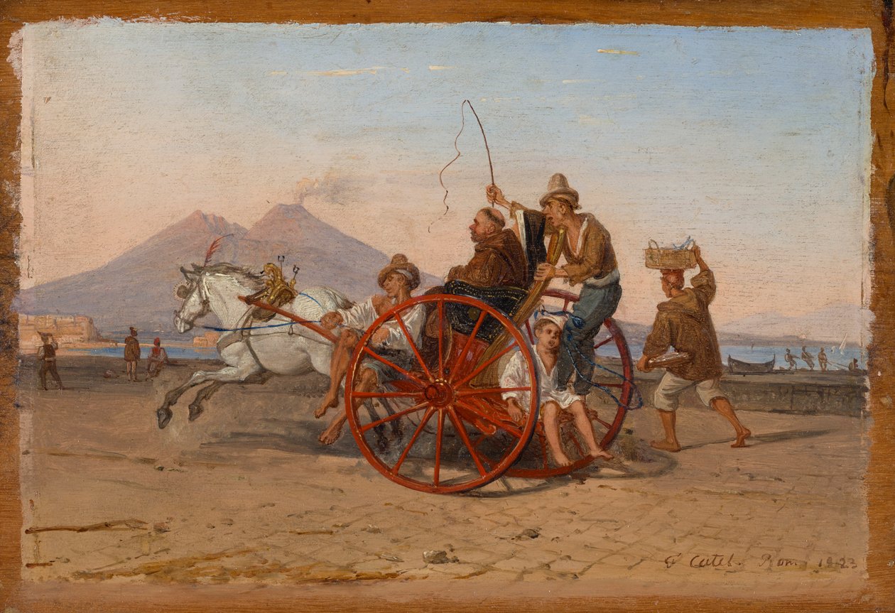 "Kapucínský mnich a jeptiška jsou vezeni v neapolské karete v neapolském přístavu" od Franz Ludwig Catel