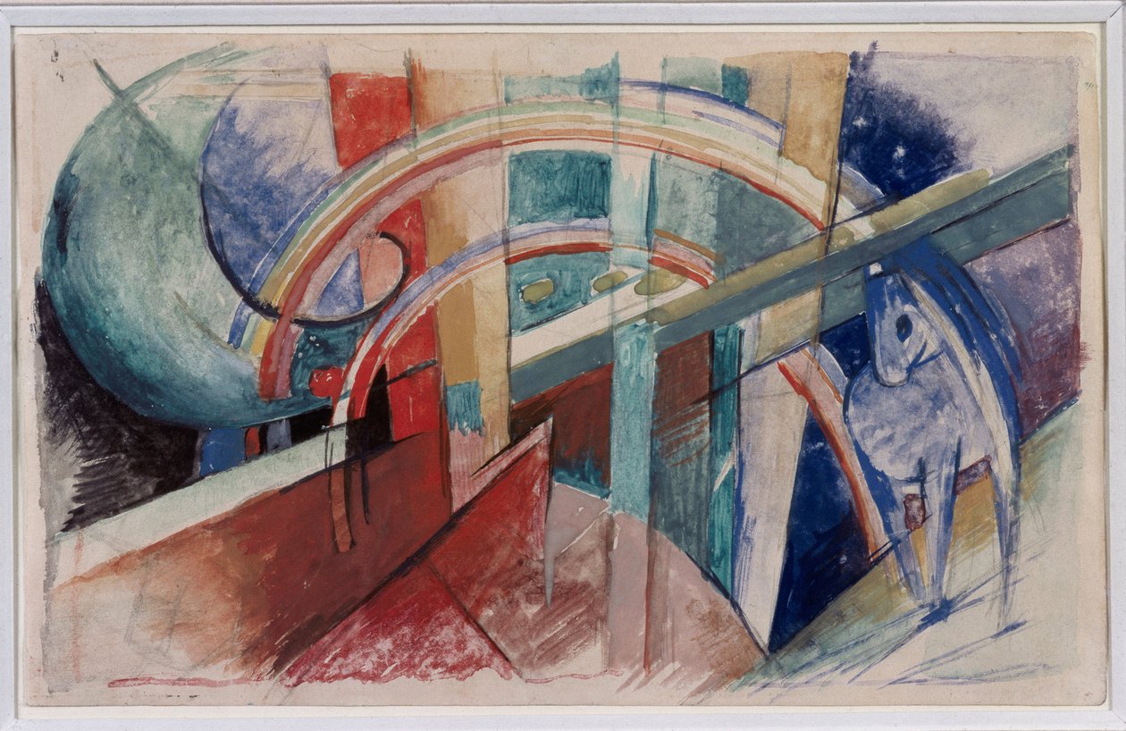 Modrý kůň a duhová kresba tužkou a akvarelem od Franze Marca od Franz Marc