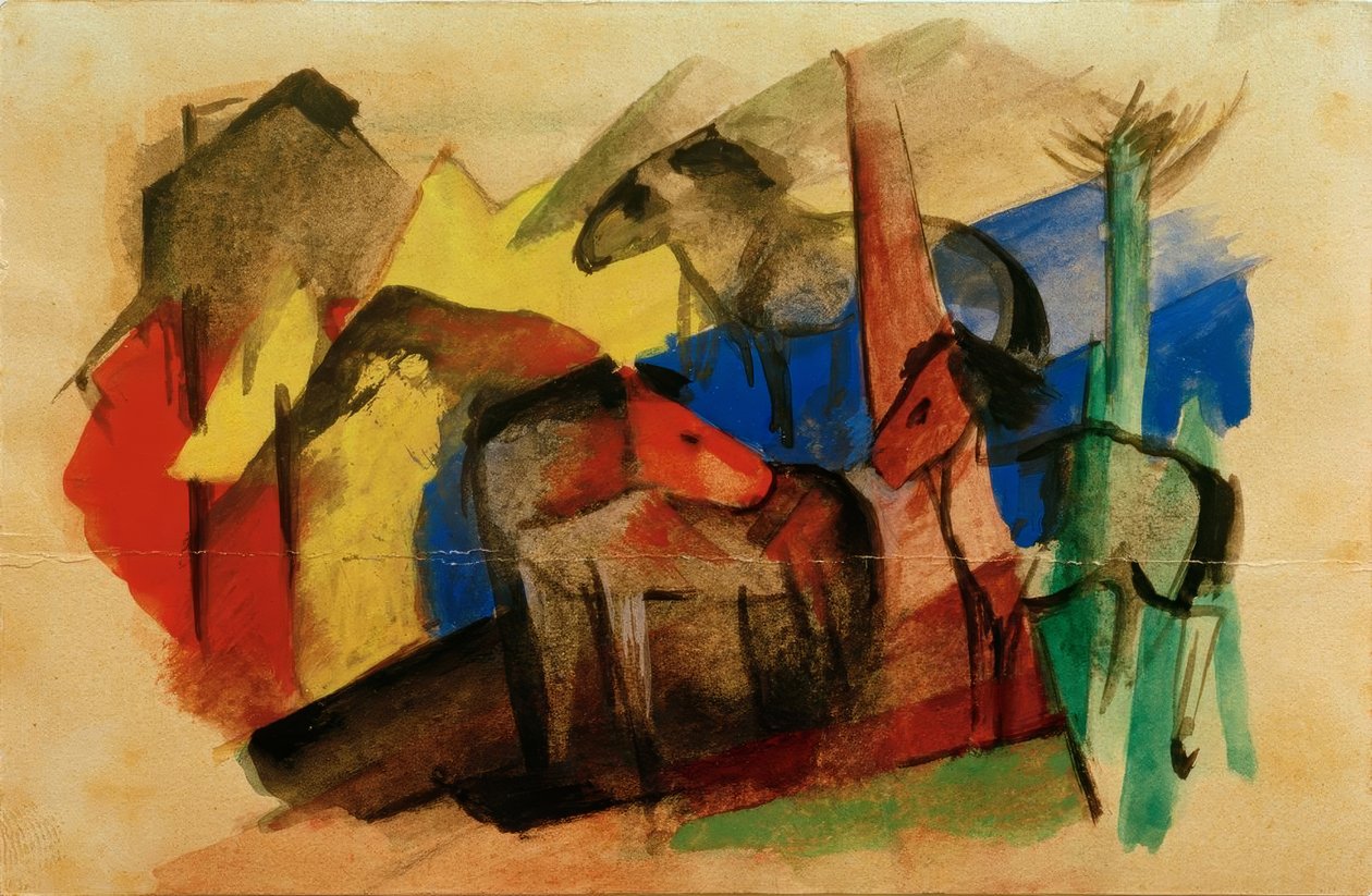 Tři koně v krajině s domy od Franz Marc
