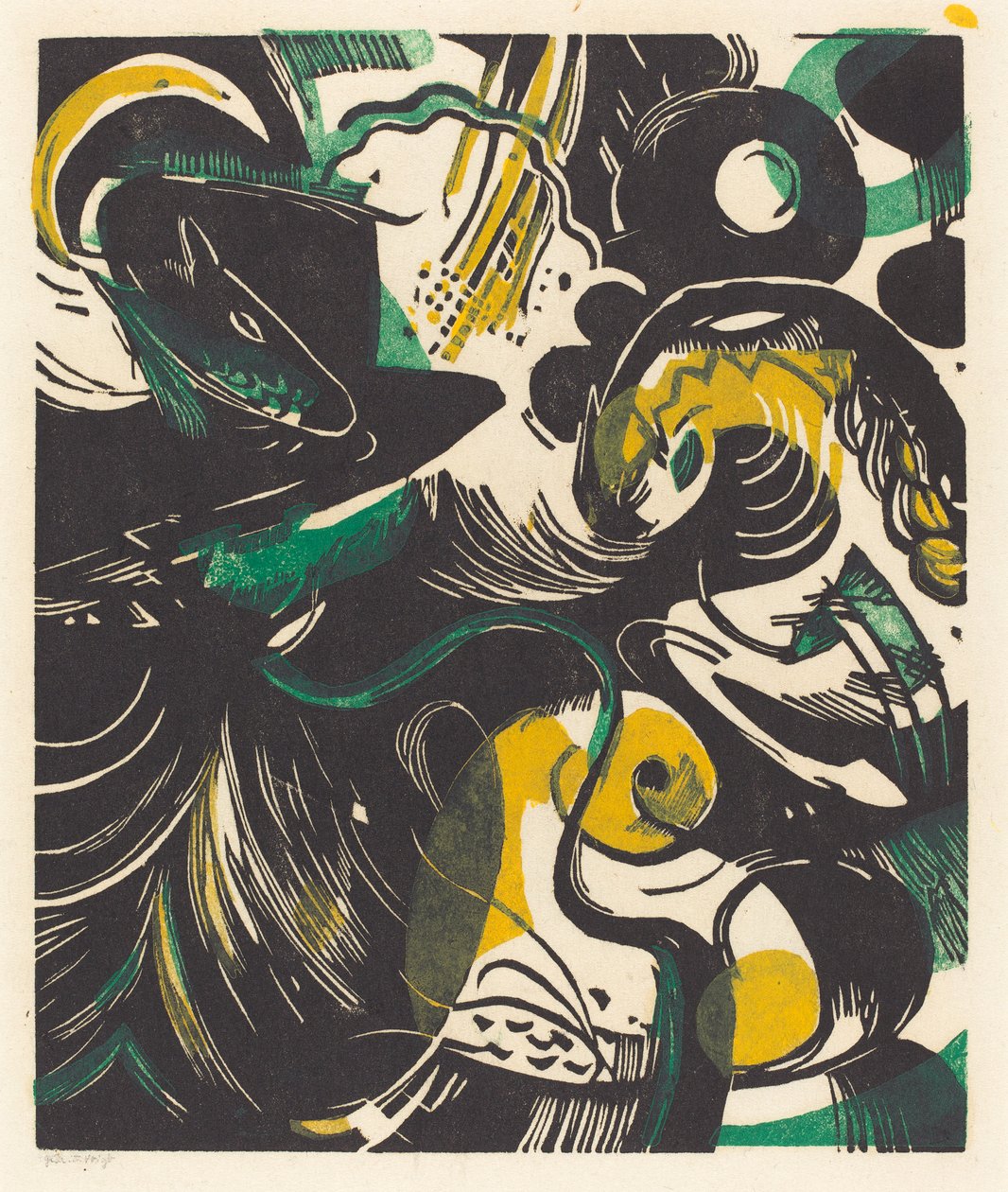Genesis II (Schopfungsgeschichte II), 1914 (dřevořez ve žluté, černé a zelené) od Franz Marc
