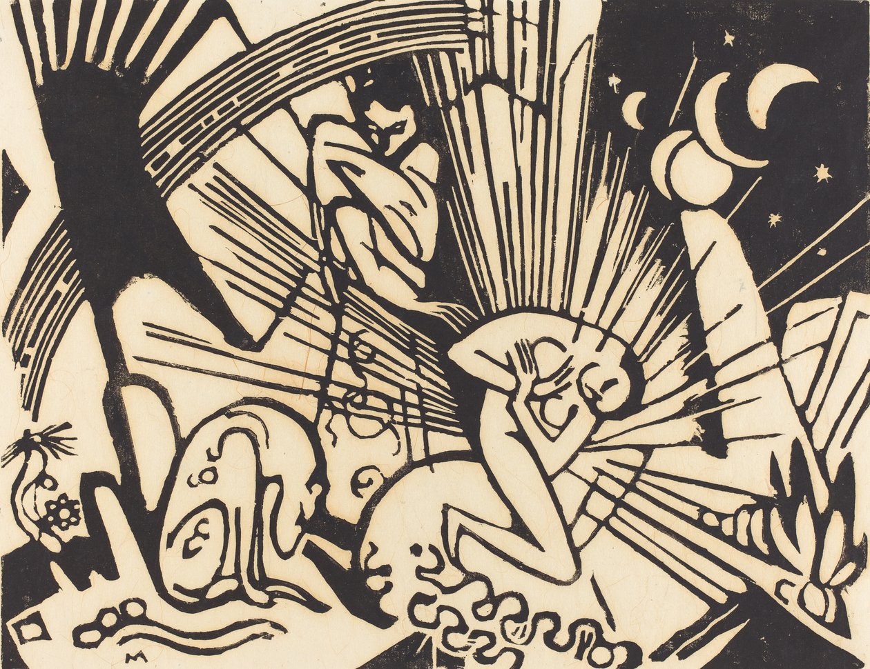 Smíření (Versoehnung), 1912 (dřevořez černě na japonském papíře) od Franz Marc