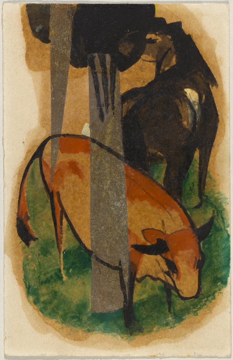 Červený kůň a žlutý skot (černohnědý kůň a žlutý skot), pohlednice ze Sindelsdorfu Alfredu Kubinovi ve Wernsteinu/Zwickledtu od Franz Marc