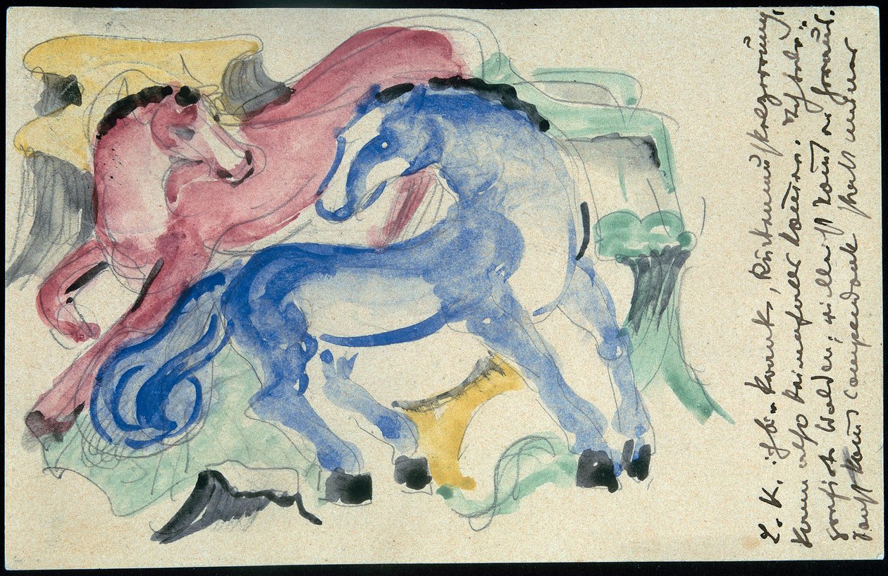 "Červený a modrý kůň", Franz Marc ze Sindelsdorfu do Wassily Kandinsky v Mnichově: pohlednice, razítko 5. dubna 1913 od Franz Marc