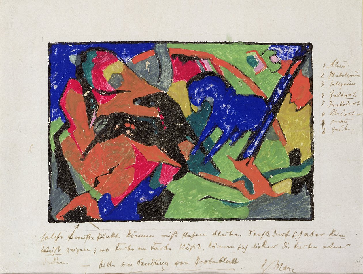 Dva koně, 1911-12 (ručně kolorovaný tisk) od Franz Marc