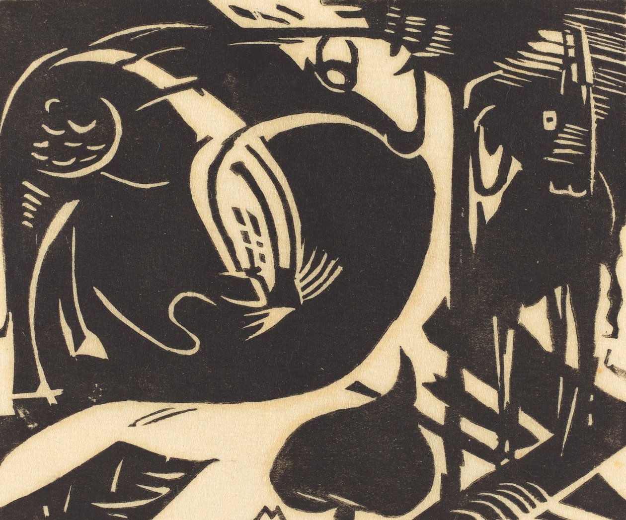 Dvě mýtická zvířata (Zwei Fabeltiere), 1914 (černě dřevoryt na japonském papíře) od Franz Marc