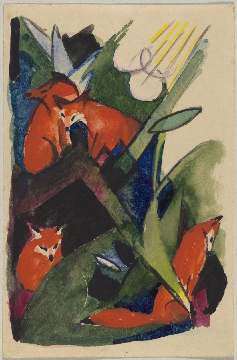 "Čtyři lišky", Franz Marc ze Sindelsdorfu Wassily Kandinsky v Mnichově: pohlednice, razítko 4. února 1913 od Franz Marc