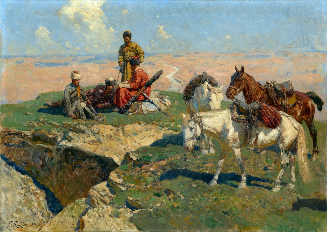 Zastavení kavkazských válečníků - obraz Franze Roubauda (1856-1928) od Franz Roubaud