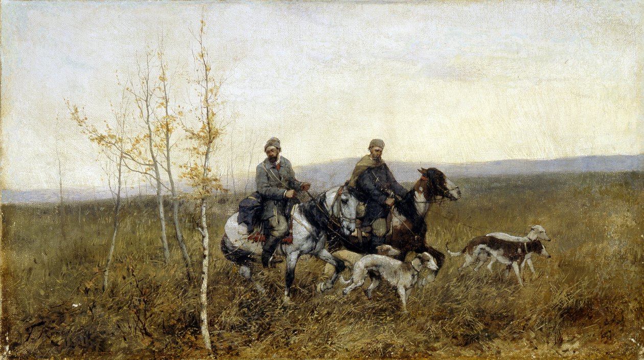 Lovci. Obraz Franze Roubauda (1856-1928), olej na plátně od Franz Roubaud
