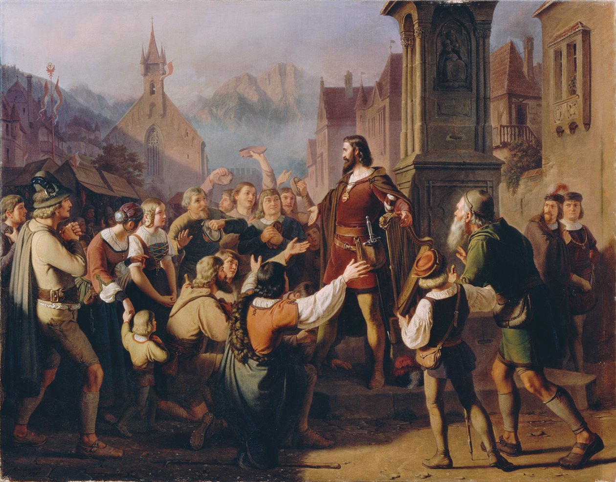 Vévoda Friedrich IV., převlečený za pěvce, se při útěku z Kostnice odhaluje svým věrným Tyrolanům od Franz Schams