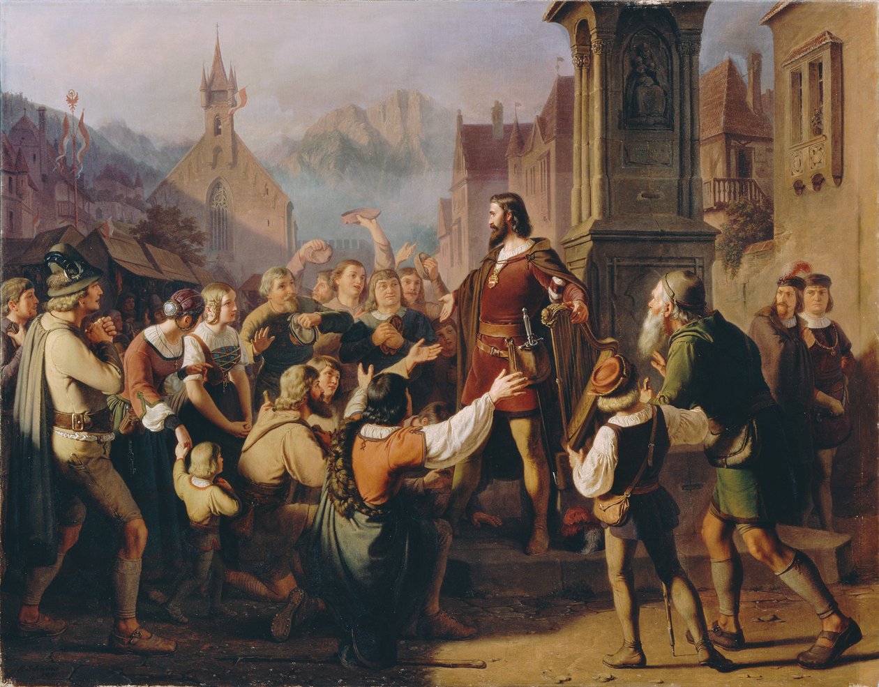 Vévoda Friedrich IV., převlečený za pěvce, se zjevuje svým věrným Tyrolákům..., 1851. od Franz Schams
