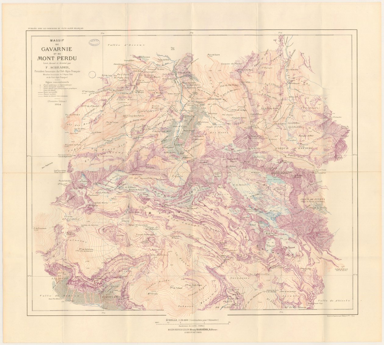 Mapa masivu Gavarnie a Mont Perdu publikovaná v roce 1914 od Franz Schrader