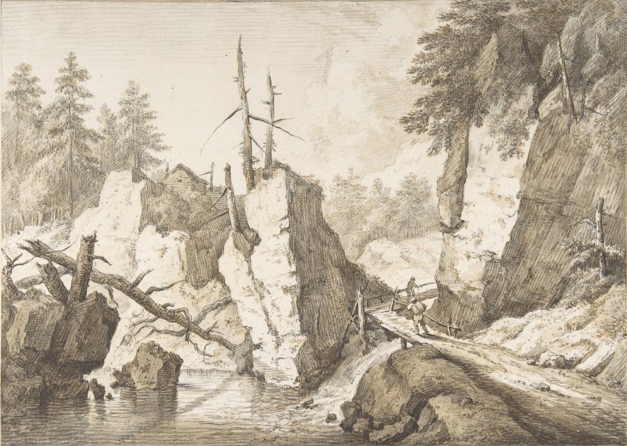 Švýcarská horská krajina s malým mostem přes potok, 1751–81. od Franz Schutz