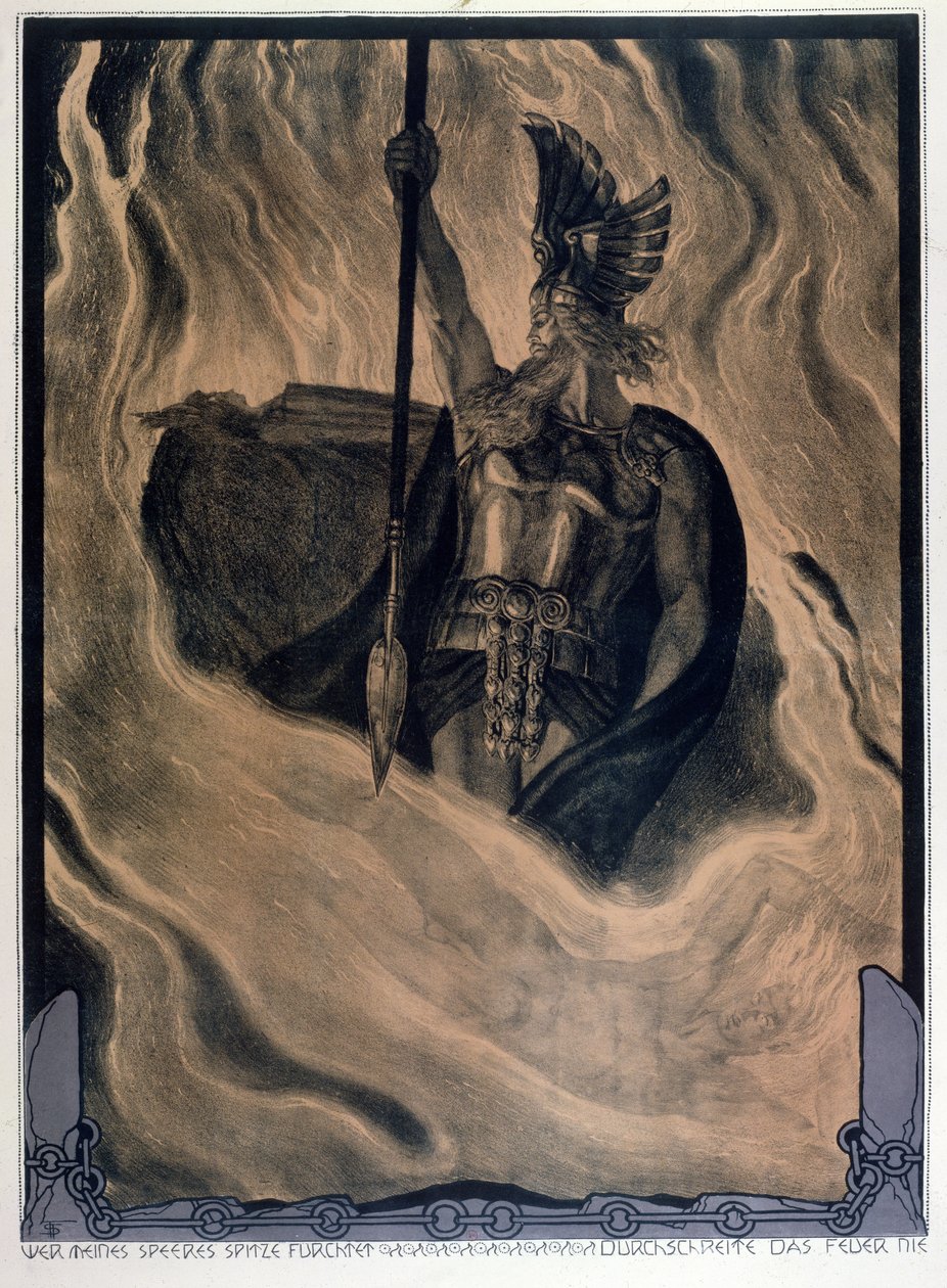 Odin Calling Up the Fire, cca 1914 (barevné lito) od Franz Stassen