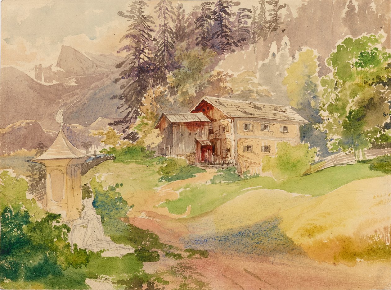 Alpská krajina s farmou a ženou před svatyní od Franz Steinfeld