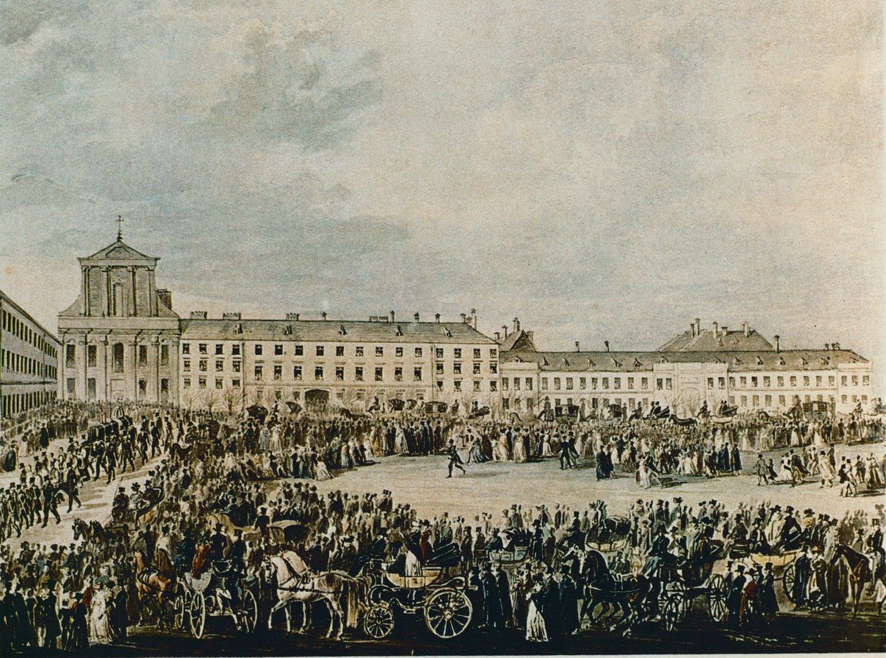 Pohřební průvod Ludwiga van Beethovena v roce 1827 ze Schwarzspanierhausu do kostela Nejsvětější Trojice v Alsergasse ve Vídni (akvarel) od Franz Stober