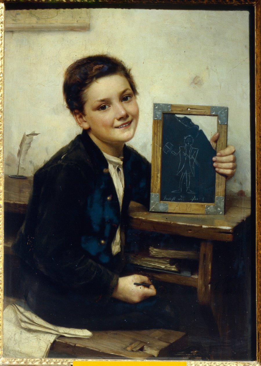 Ecolier (Schoolboy) - Malba Franze Thonea (1851-1906), olej na dřevě, 50x38 cm od Franz Thone