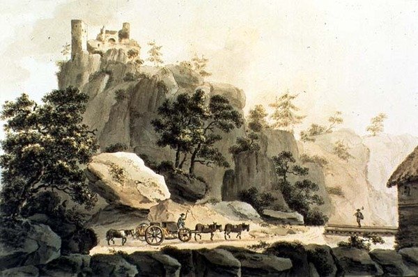 Pohled na Ribeauville Road a hrad Grand Ribeauville (barevná rytina) od Franz Walter
