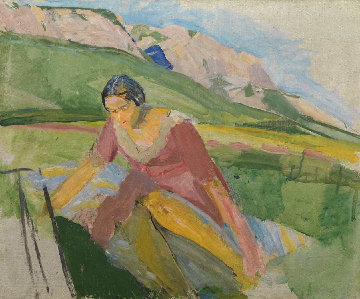Mladá žena v krajině (Korutany), kolem 1930-38 (olej na plátně) od Franz Wiegele