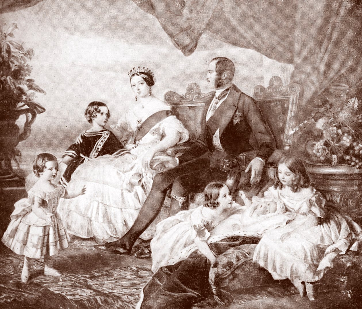 Královna Viktorie s princem Albertem a jejich dětmi, z knihy "Edward VII, His Life and Times" (tisk) od Franz Xaver  Winterhalter (after)