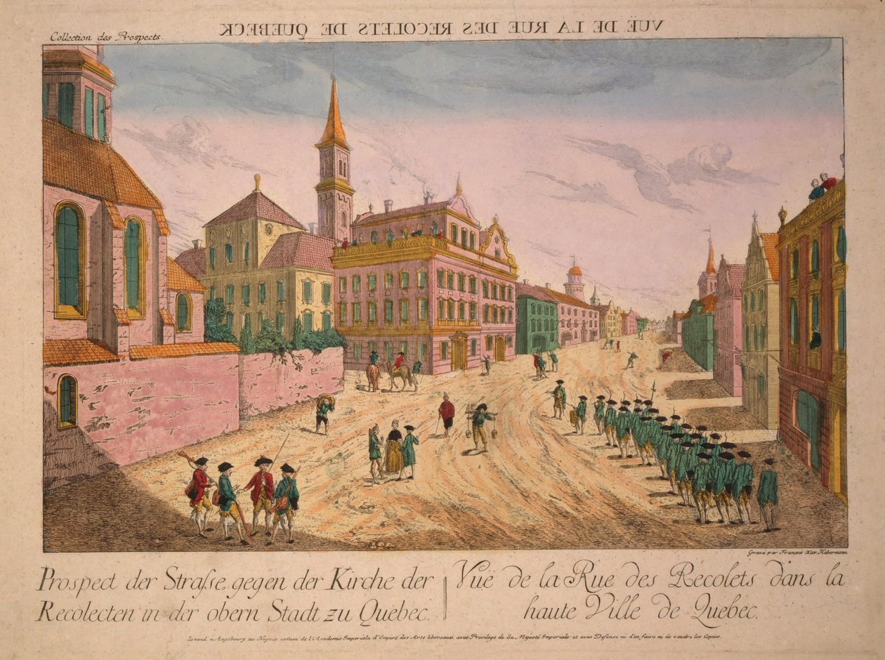 Vue de la Rue des Récollets de Quebec, vydáno kolem 70. let 18. století (ručně kolorovaná rytina) od Franz Xaver Habermann