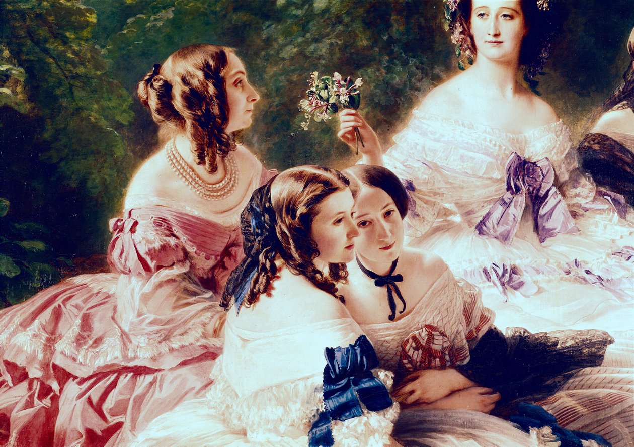 Císařovna Eugenie (1826-1920) a její dámy v čekání, detail princezny z Esslingu, baronky z Pierres a vikomtesy z Lezay-Marnesia, 1855 od Franz Xaver Winterhalter