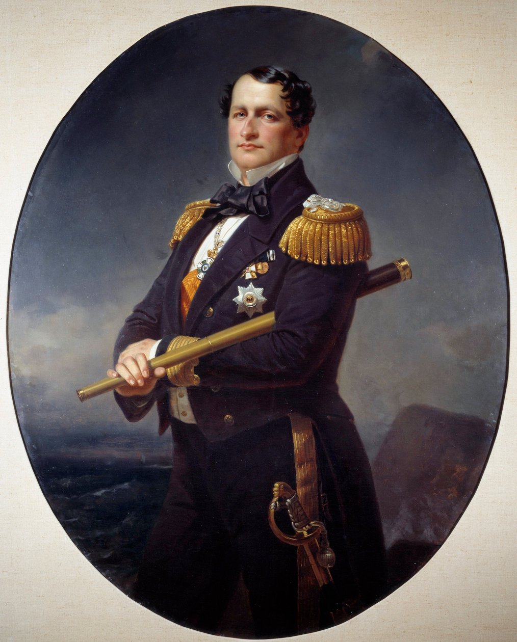 Portrét admirála Námořní admirál s dlouhým výhledem a mořskou krajinou vzadu. Obraz Xavera Winterhaltera (1806-1873) Brest 19. století, Muzeum výtvarných umění od Franz Xaver Winterhalter