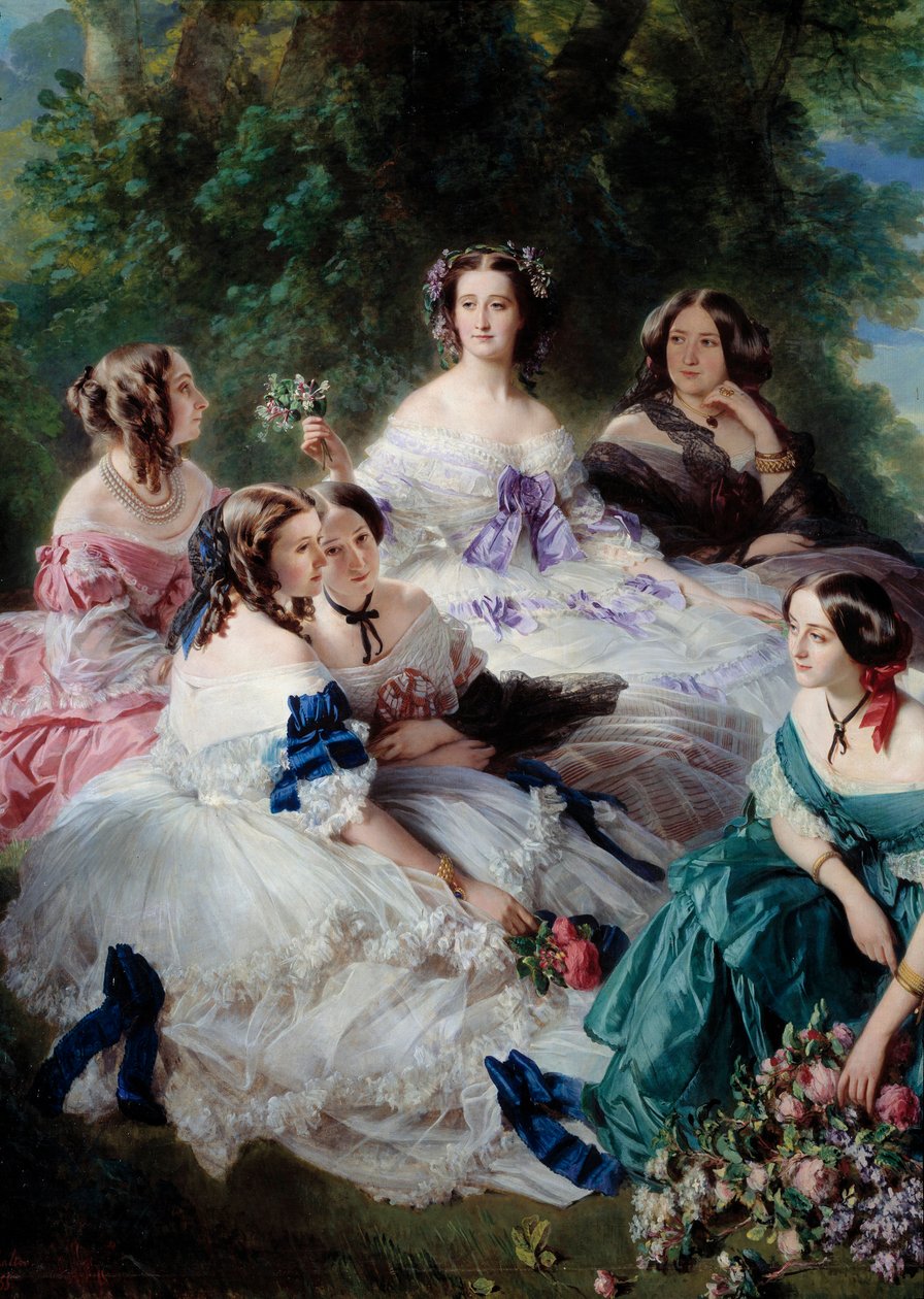 Impress Eugenie (1826-1920) v roce 1855 obklopuje čestné dámy paláce Detail, představující princeznu z Esslingu, baronku z kamenů, vikomtesu Lezay-Marnesii, císaře na vrcholu v bílém a markýzu z Montebella na a od Franz Xaver Winterhalter