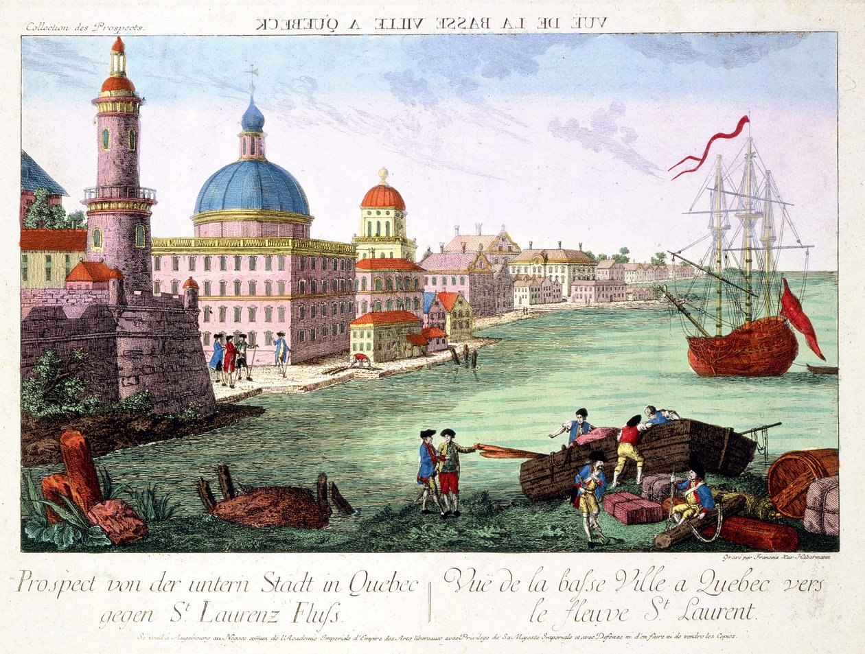 Pohled na Lower Town v Quebecu směrem k řece St. Lawrence River. Rytina Franz-Xavier Habermann od Franz Xavier Habermann
