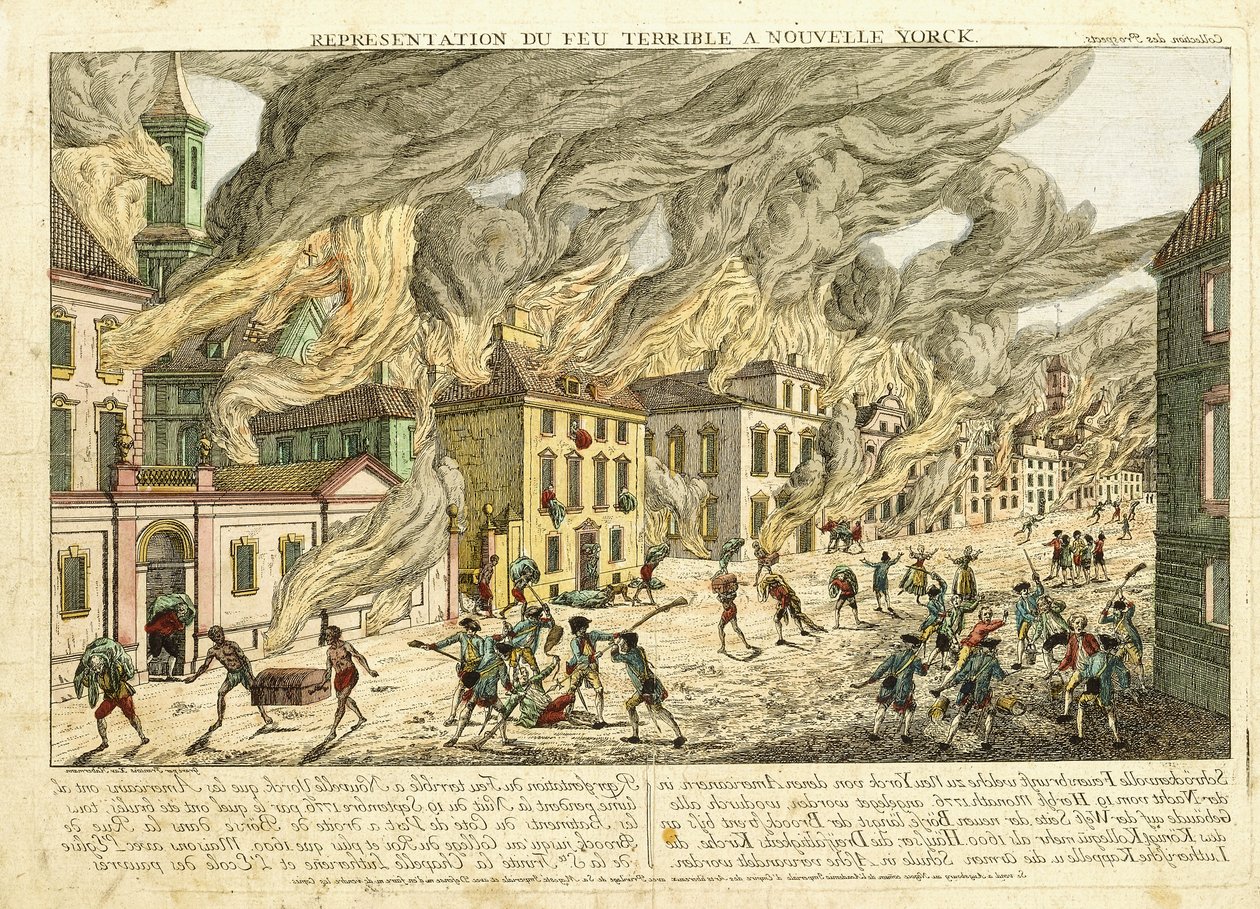 Pohled na New York během velkého požáru roku 1776; Representation du Fue Terrible a Nouvelle York, 1780 od Franz Xaver Habermann