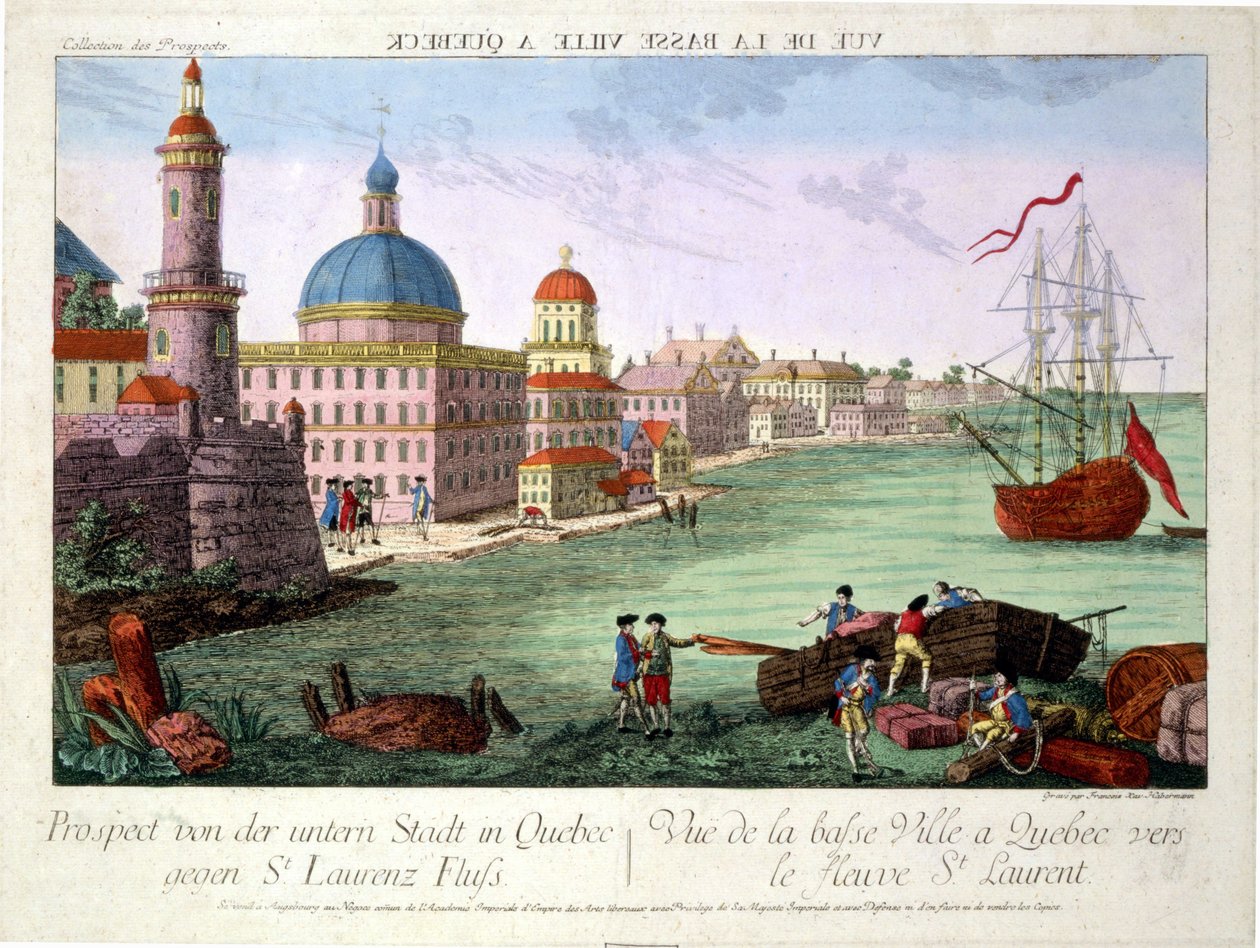Pohled na Dolní město v Quebecu směrem k řece St. Lawrence River. Rytina Franz-Xavier Habermann od Franz Xavier Habermann