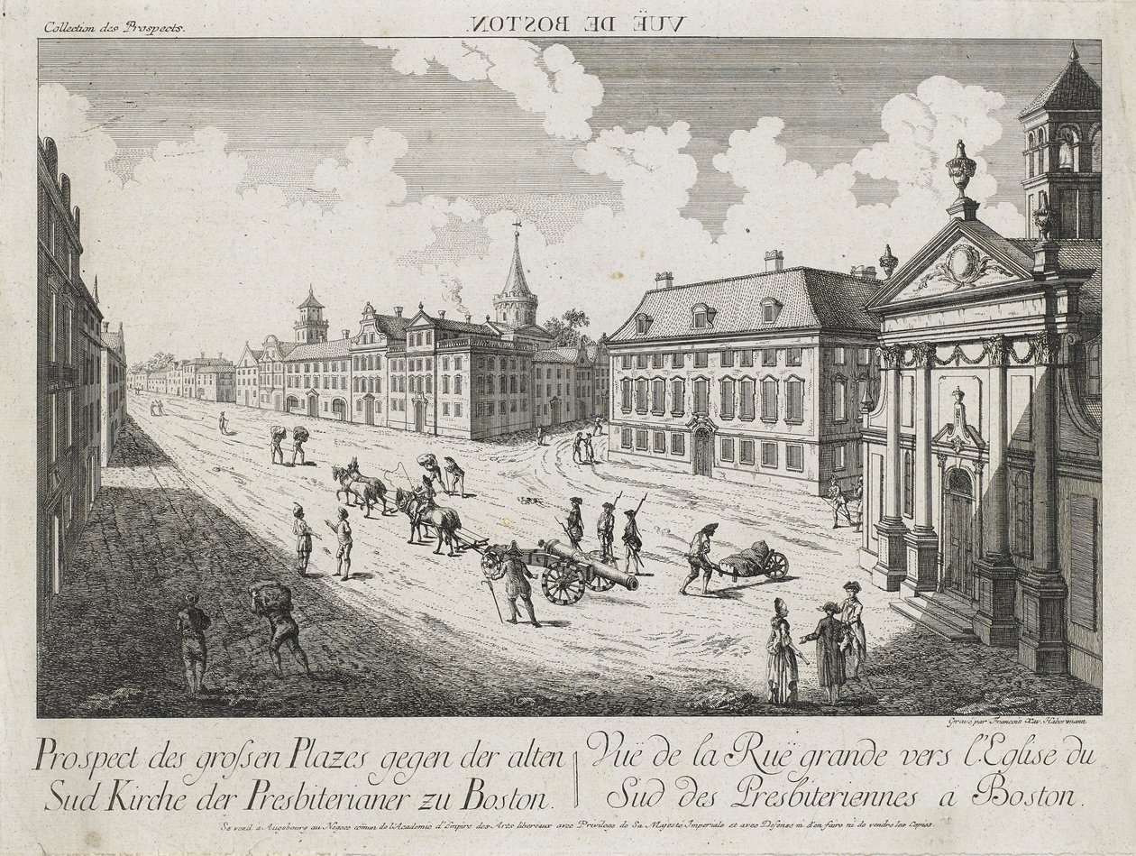 Vue d’Optique/Prospect des grossen Plazes gegen der Alten Sud Kirche der Presbiterianer zu Boston (Optický pohled/pohled na velká náměstí směrem k Old South Presbyterian Church v Bostonu), c. 1776 (lept a rytina, nekolorovaný na položený papír) od Franz Xavier Habermann