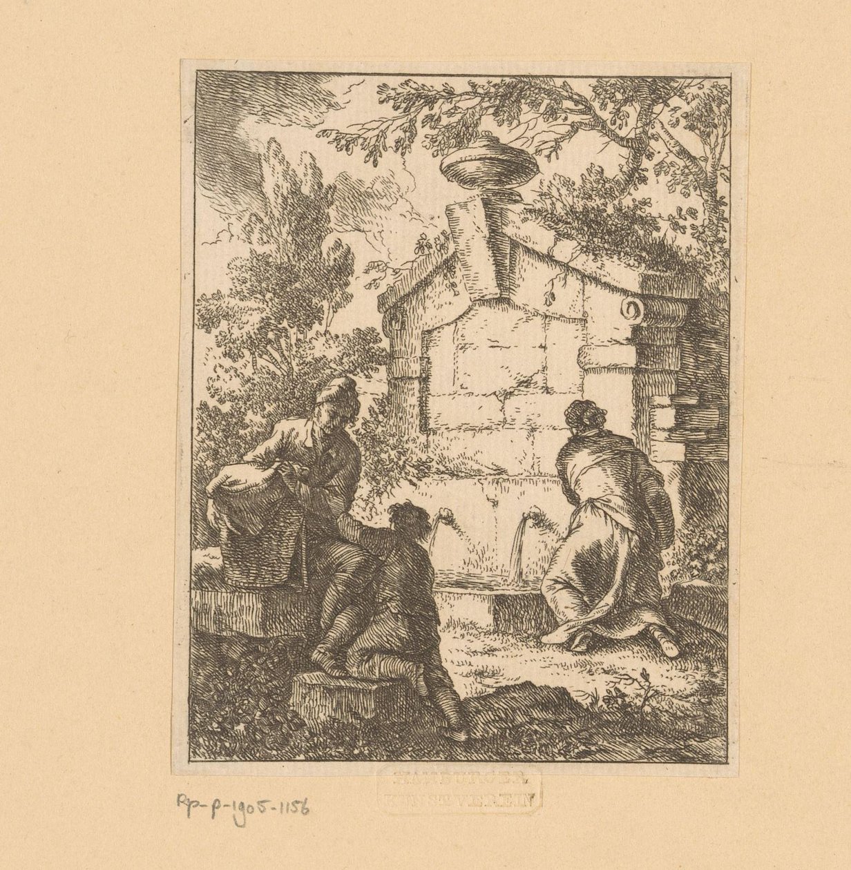 Tři cestovatelé přinášejí vodu z ruiny Capricci Fatti (název série) od Franz de Paula Ferg