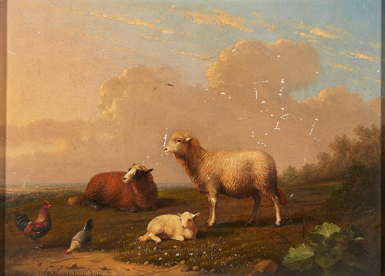 Ovce a kuřata na louce (olej na desce) od Franz van Severdonck