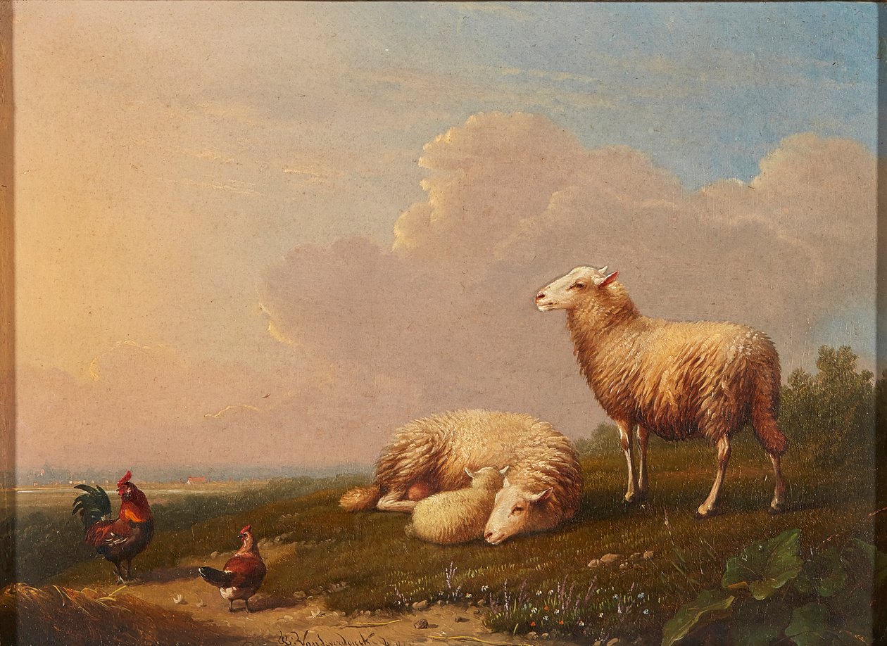 Ovce a kuřata na louce (olej na desce) od Franz van Severdonck