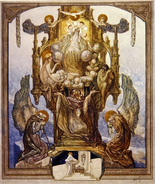 Ilustrace z Dantovy Božské komedie, Paradiso, Canto VIII, 1921 (wc na papíře) od Franz von Bayros