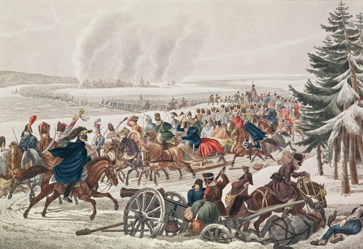 Ústup francouzské armády přes řeku Berezinu, 26. listopadu 1812, rytina J. A. Kleina od Franz von Habermann