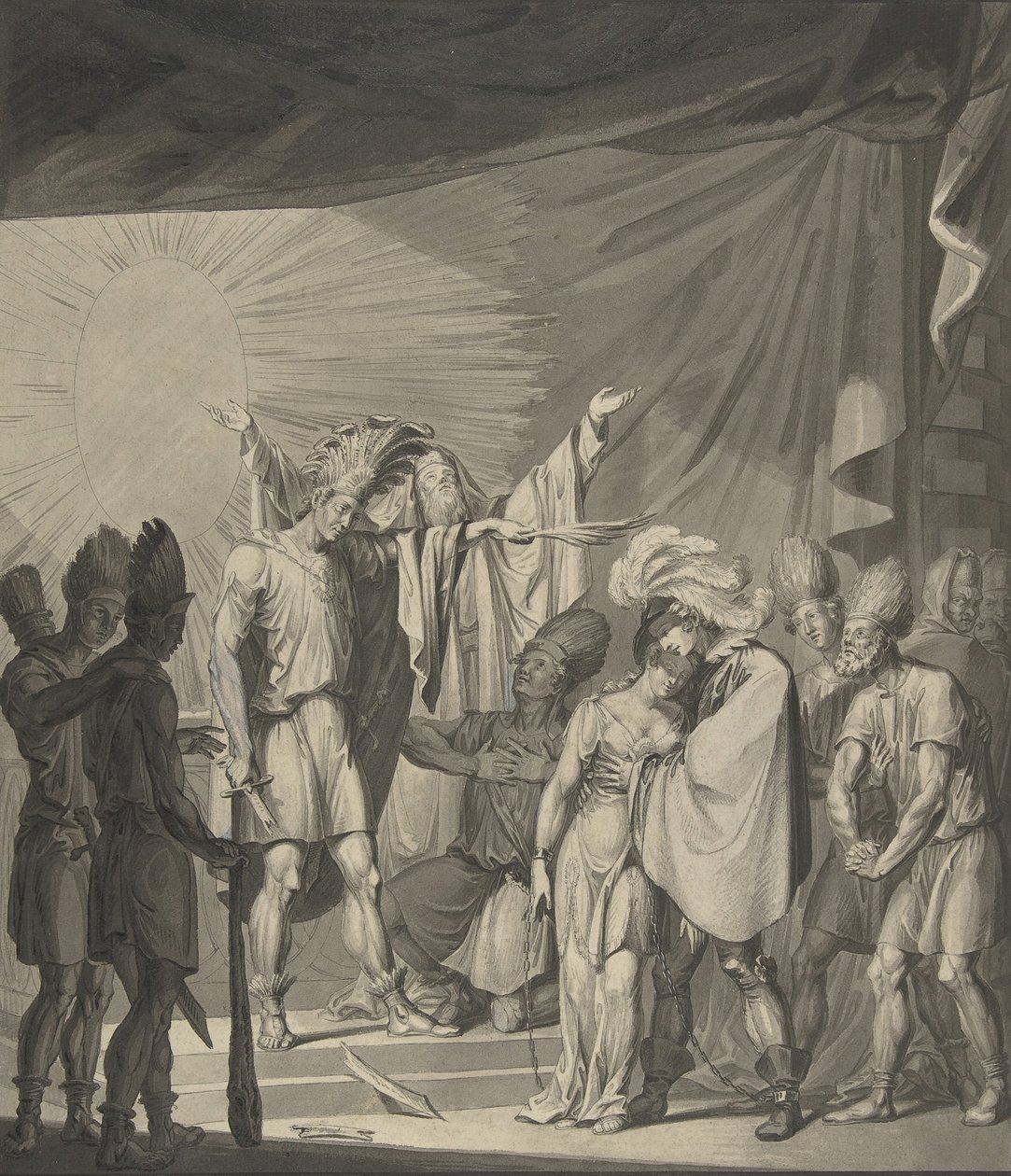 Král Slunce pomazává spoutaný pár, od Augusta von Kotzebue Die Sonnenjungfrau, 19. století. od Franz von Hauslab