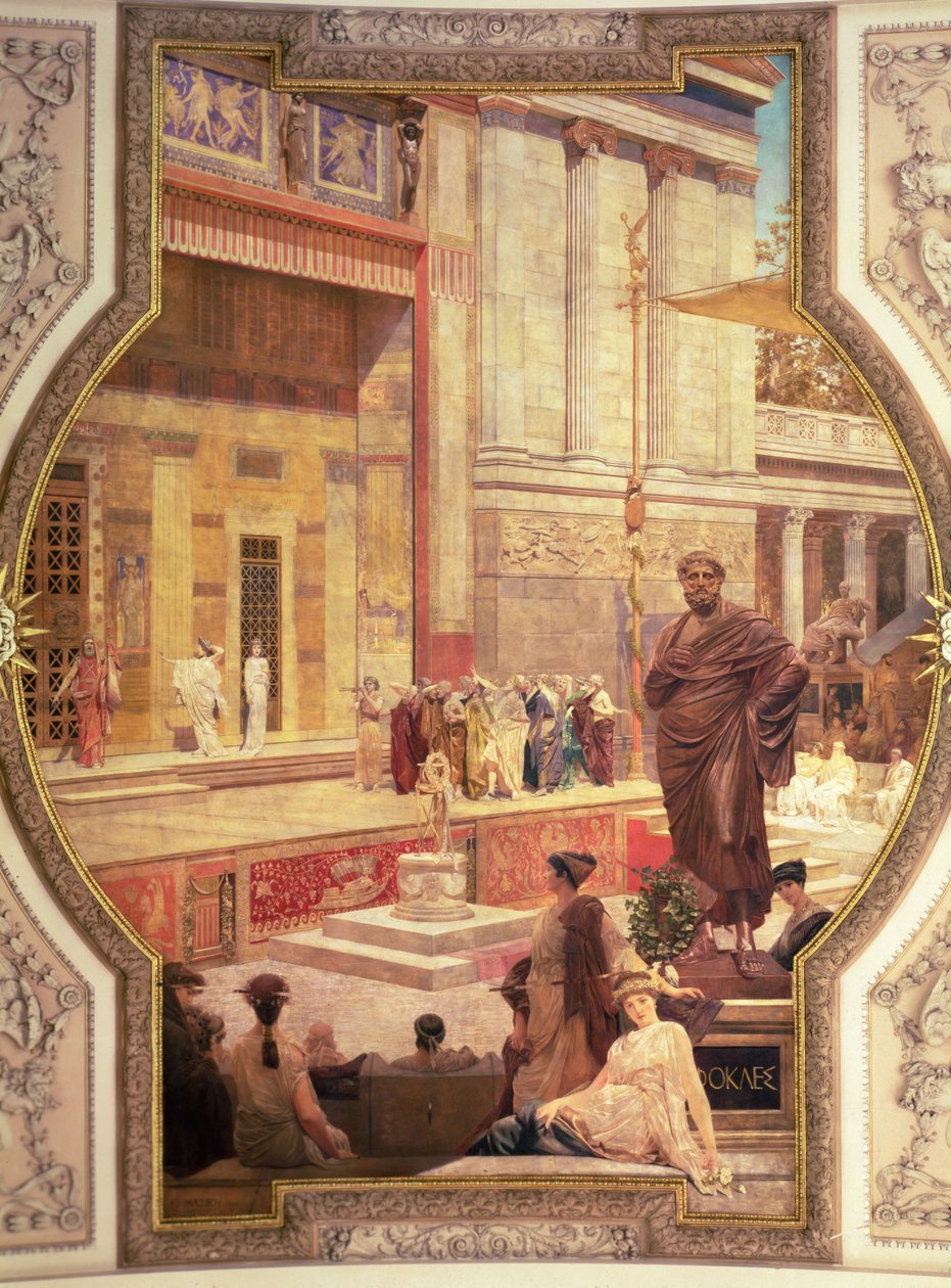 Řecké divadlo v Taormině na Sicílii ze série o historii divadla (stropní malba) od Franz von Matsch