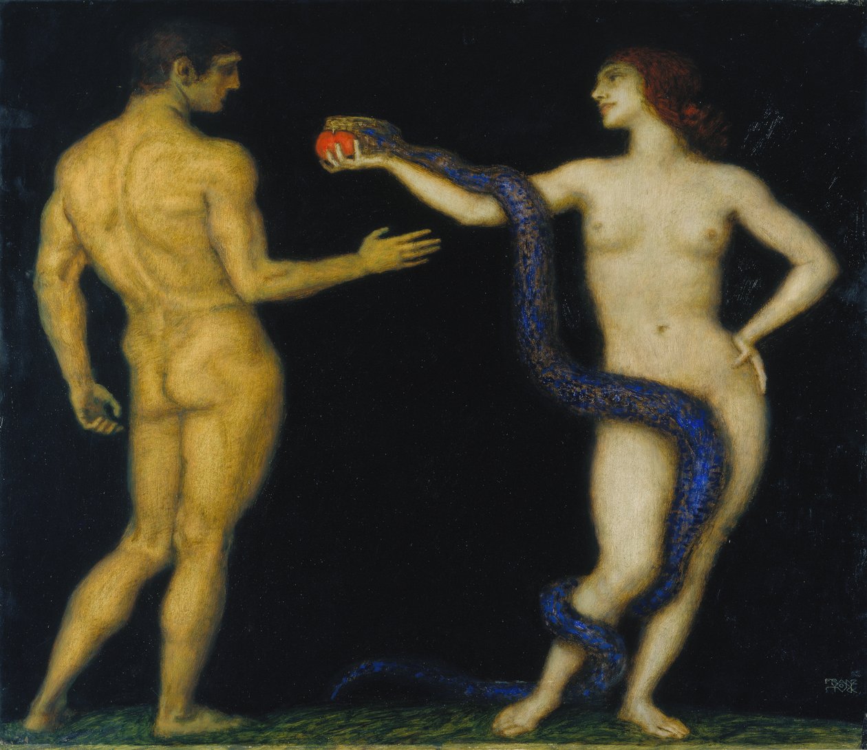 Adam a Eva, kolem roku 1920 (tempera na dřevě) od Franz von Stuck