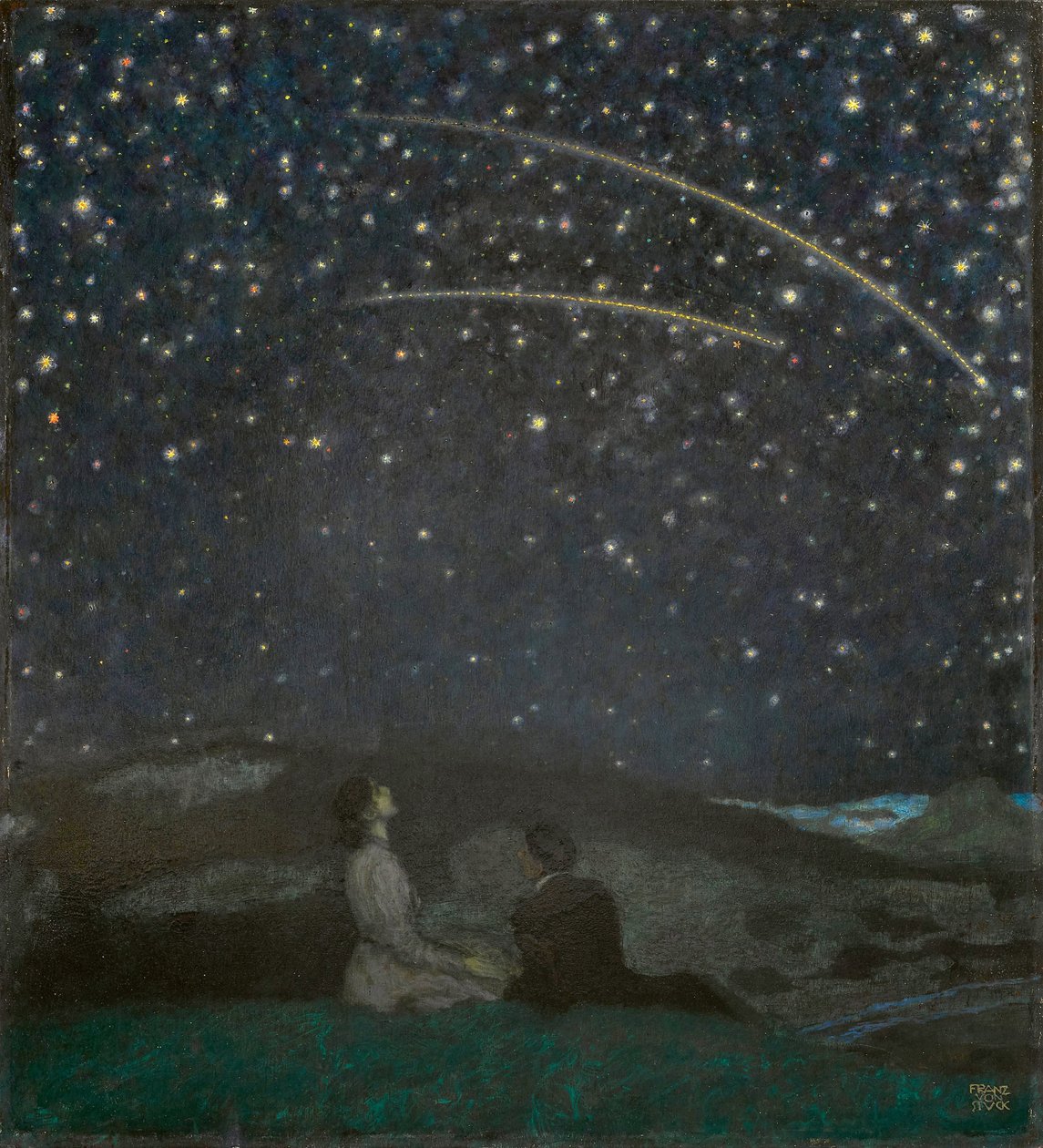 Les etoiles filantes (Franz et Mary von Stuck) - Shooting Stars (Franz a Mary Stuck), od Stuck, Franz, Ritter von (1863-1928). Olej na dřevě od Franz von Stuck