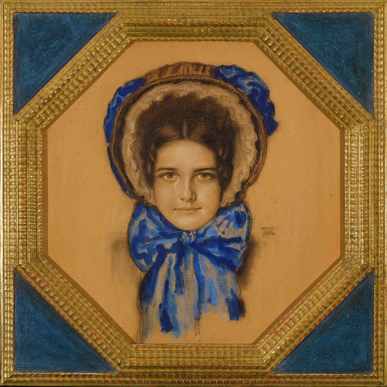 Marie avec un chapeau (typ capot) - Dcera Mary s čepicí Poke - Franz-Ritter (Franz Ritter) von Stuck (1863-1928). Kvaš, pastel a uhlí na kartonu Rozměr : 55x49,3 cm Soukromá sbírka od Franz von Stuck