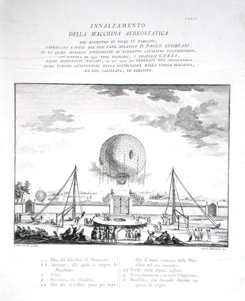 První let horkovzdušným balónem s posádkou v Itálii vyrobený Paolo Andreani (1763-1823) 1784, vyryto Girolamo Mantelli, publikováno 1785 (rytina) (viz také 206819) od Fratelli Gerli (after)