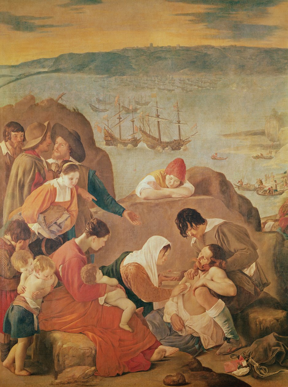 Péče o ženy po bitvě při znovudobytí San Salvadorského zálivu v Brazílii od Juan Bautista Maíno