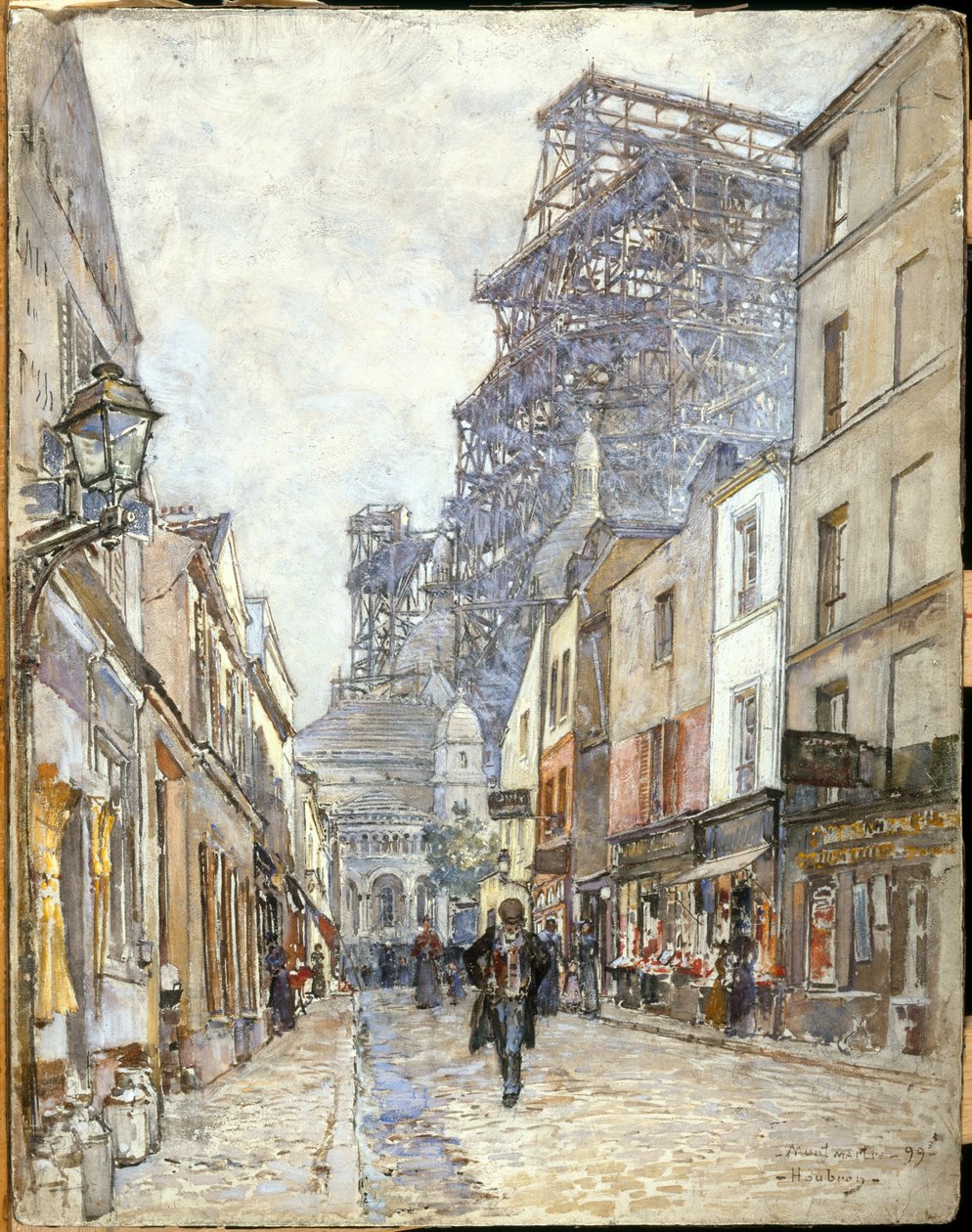 Francouzsky: Rue du Chevalier-de-la-Barre s rozestavěnou katedrálou Sacré-Cœur od Frederic Anatole Houbron